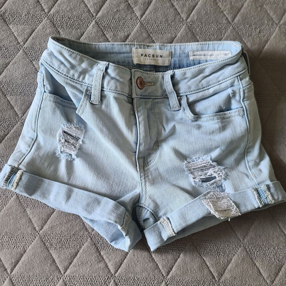 PacSun Distressed Super Stretch Shortie Lite Blue Jean Shorts Sz 0 (Waist 22 in)